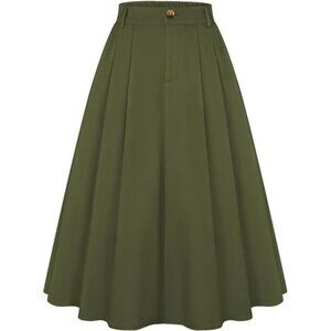 Women Pleated Skirt with Pockets A Line Green